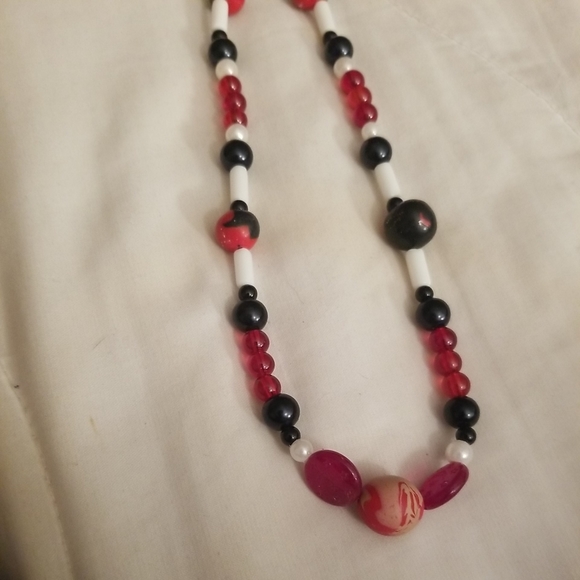 Handmade Black/White/Red Beaded Necklace – Toggle Clasp, Mixed Medium Beads - Picture 2 of 3